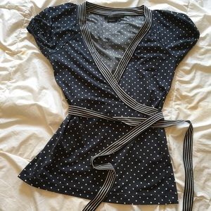 Navy blue and white polka dot Faux wrap blouse, XS